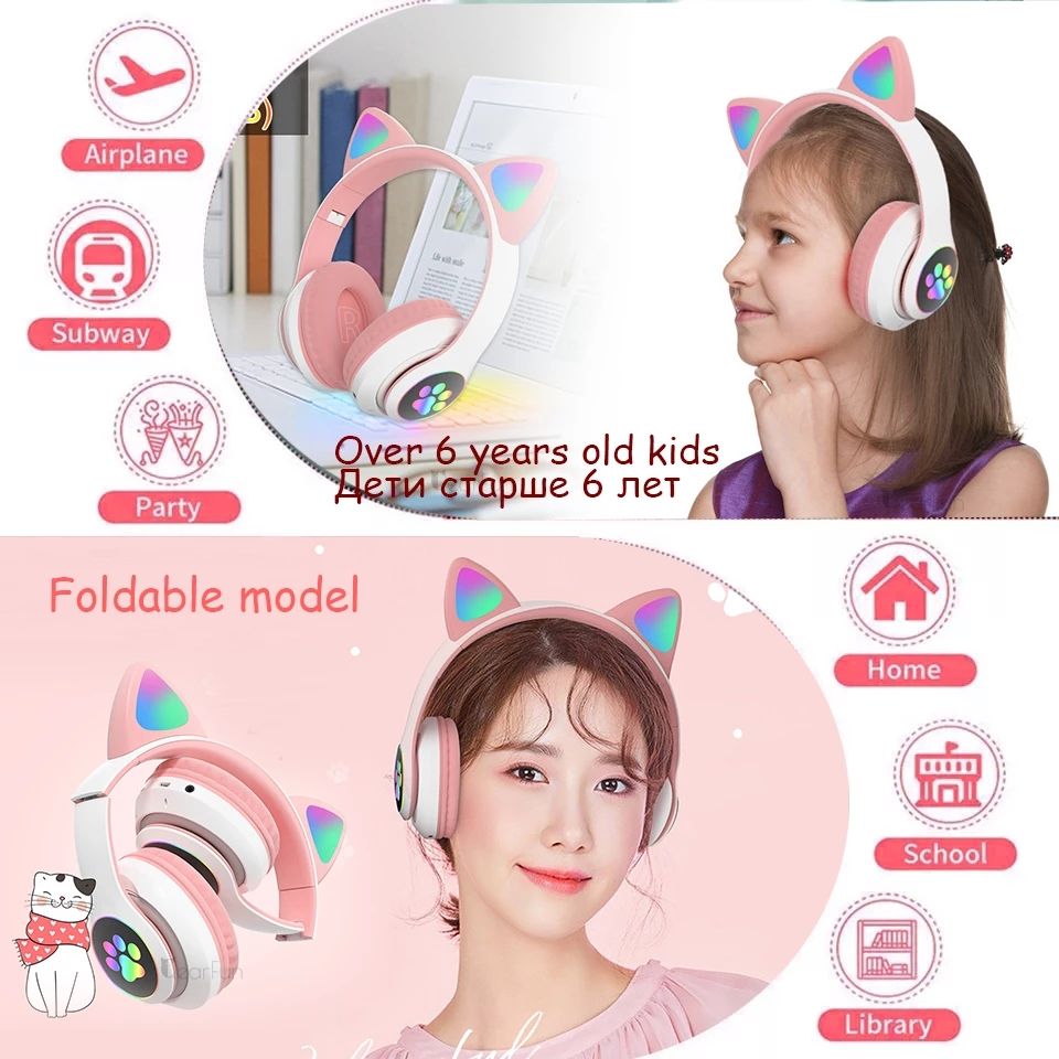 B39 Cute Cat Ears Bluetooth Headphone Wireless Headset Flashing LED