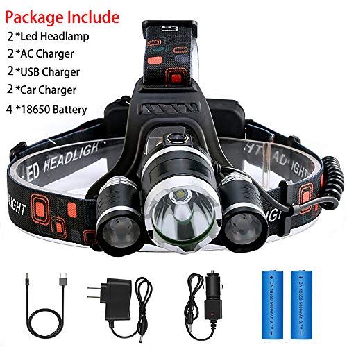 2 Pack Headlamp For Adults LED 6000LM Ultra Bright 3 LED Hea