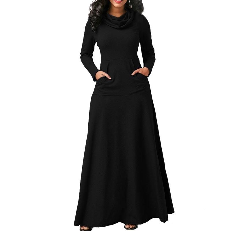 Evening Party Night Dress Women Bow Long Sleeve Pockets Solid Long Dress Black