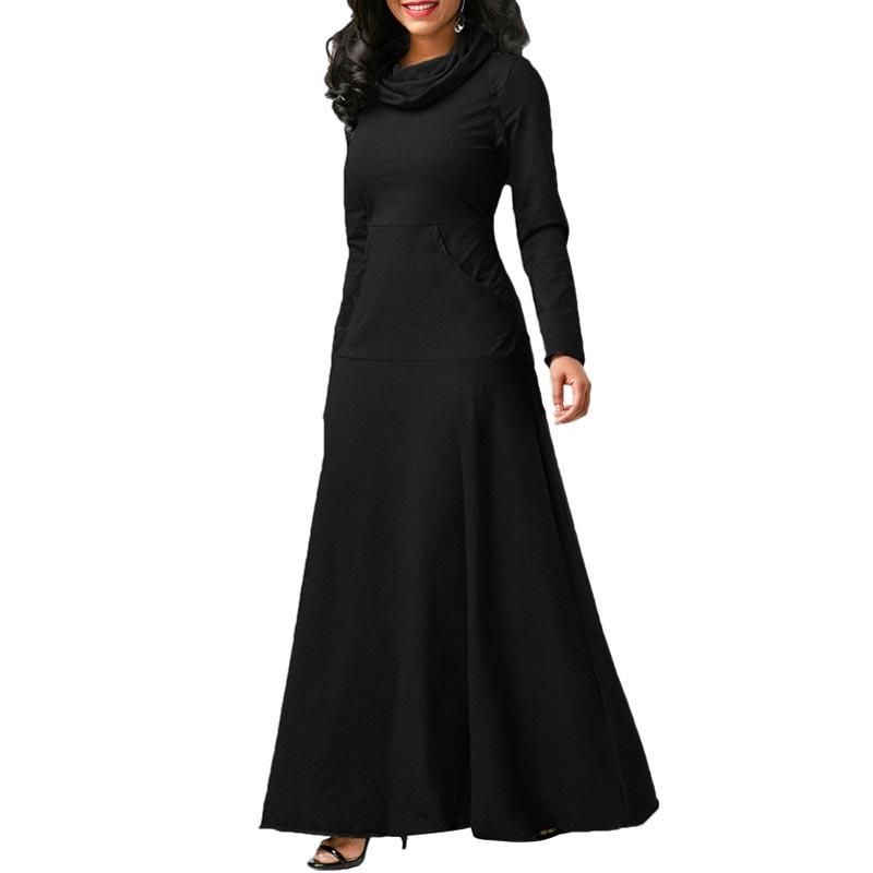 Evening Party Night Dress Women Bow Long Sleeve Pockets Solid Long Dress Black
