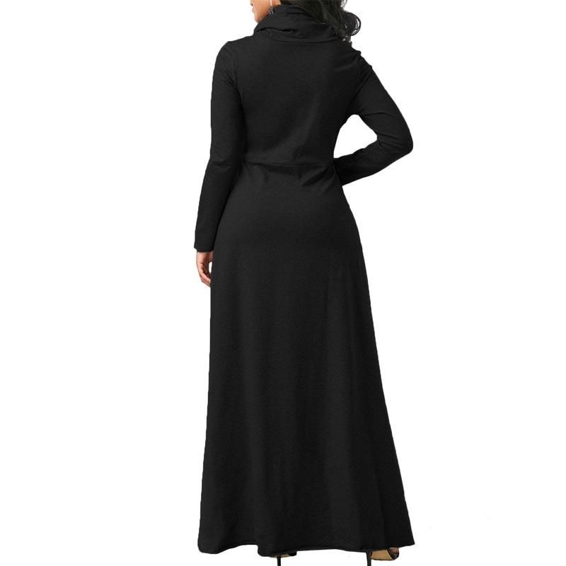 Evening Party Night Dress Women Bow Long Sleeve Pockets Solid Long Dress Black