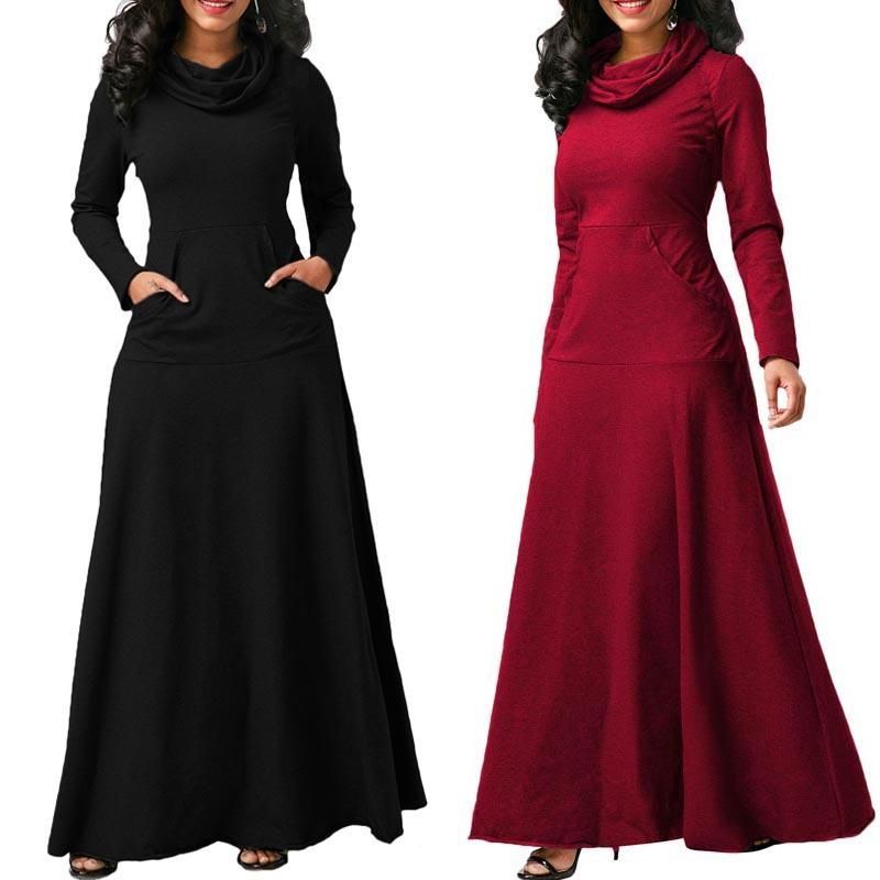 Evening Party Night Dress Women Bow Long Sleeve Pockets Solid Long Dress Black