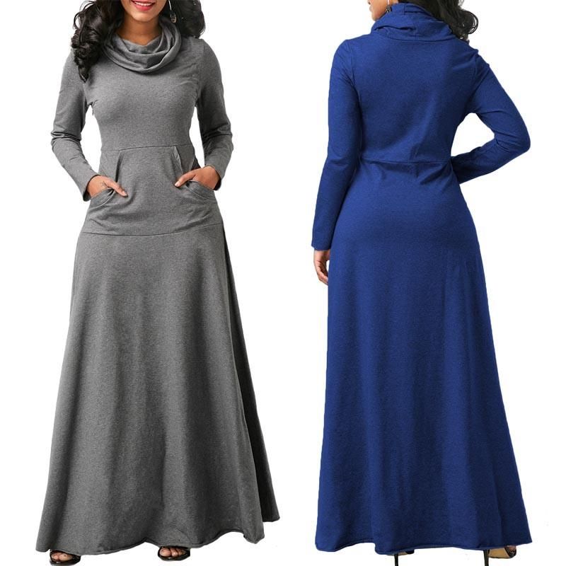 Evening Party Night Dress Women Bow Long Sleeve Pockets Solid Long Dress Black