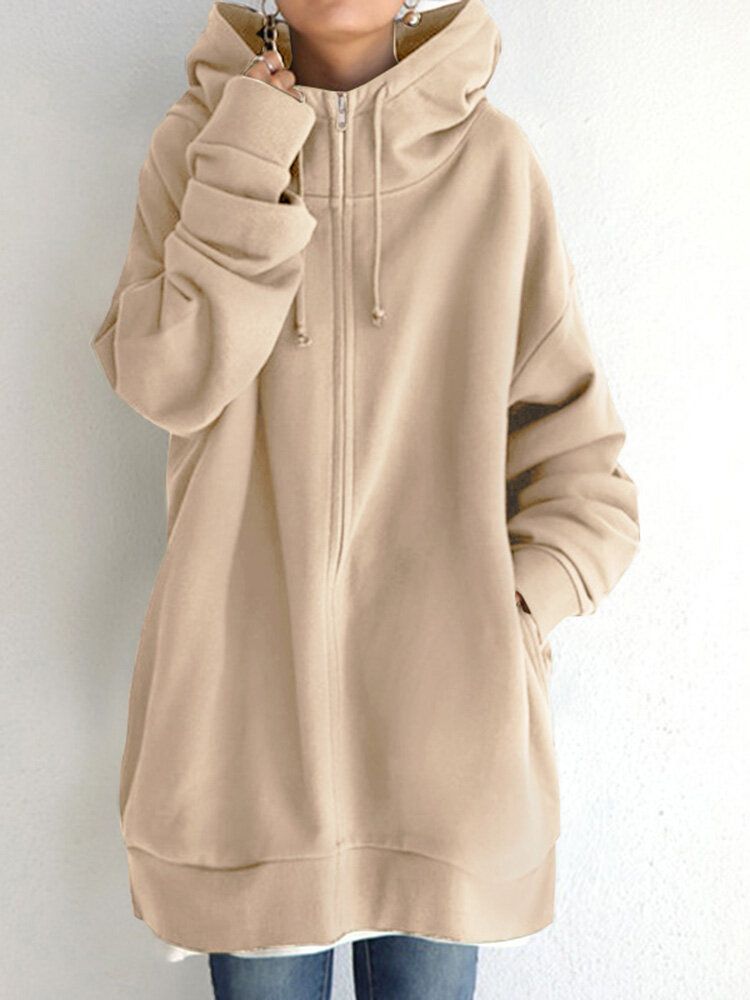 Women Hooded Fleece Long Loose Cap Rope Casual Sweatshirt With Side Pockets-Army Green