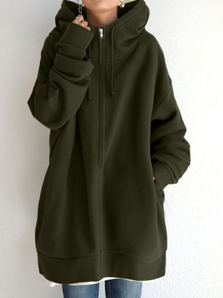 Women Hooded Fleece Long Loose Cap Rope Casual Sweatshirt With Side Pockets-Army Green