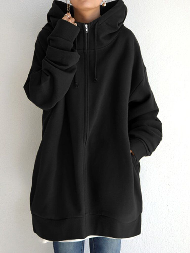 Women Hooded Fleece Long Loose Cap Rope Casual Sweatshirt With Side Pockets-Army Green