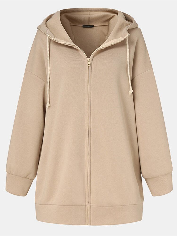 Women Hooded Fleece Long Loose Cap Rope Casual Sweatshirt With Side Pockets-Army Green