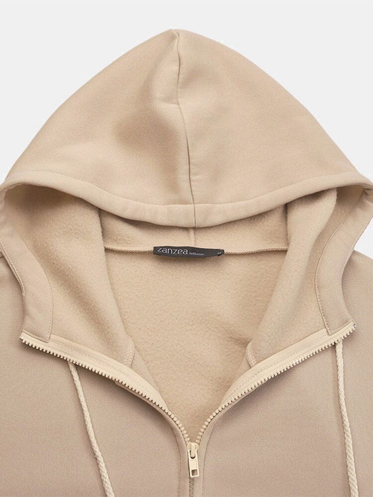 Women Hooded Fleece Long Loose Cap Rope Casual Sweatshirt With Side Pockets-Army Green