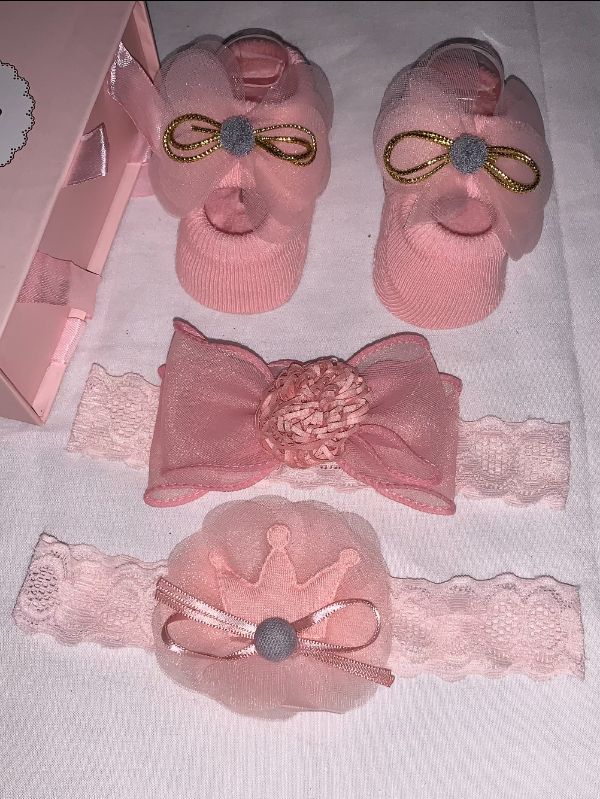 4 PC Baby Girl Headband & Bootie Set-pink/peach