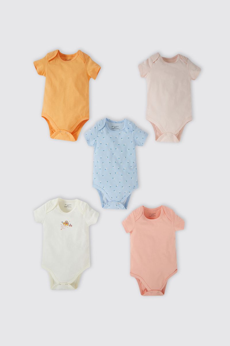 5 Piece BabyGirl New Born Regular Fit Envelope Neck Knitted Short Sleeve Snap Body - Orange