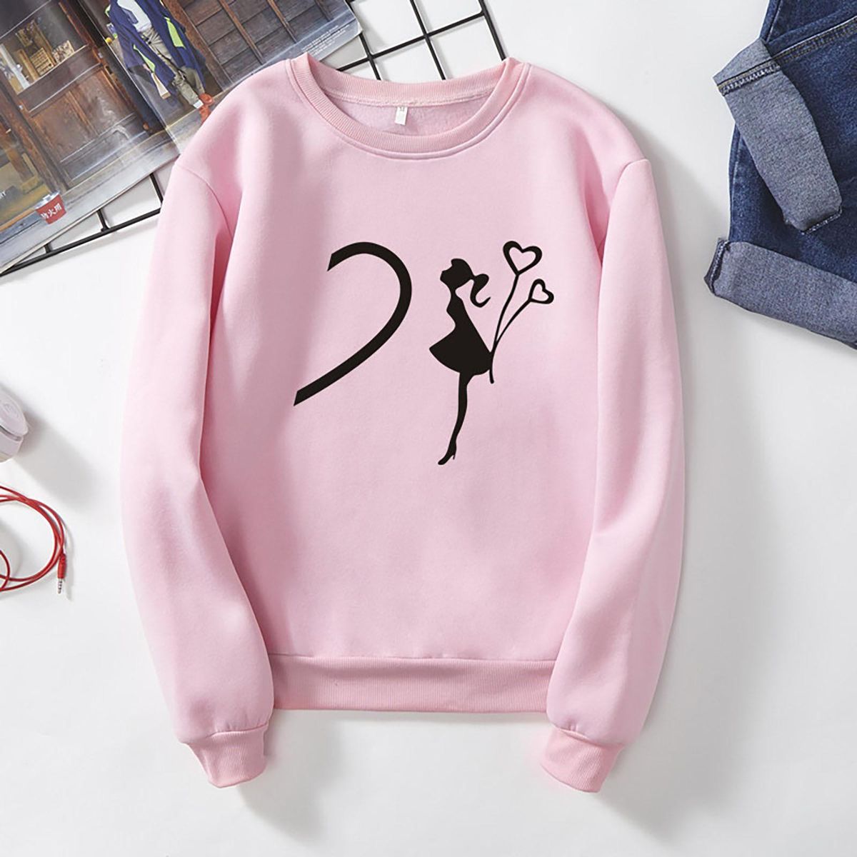 Couple Print Plus Velvet Long Sleeve Round Neck Pullover Sweatshirt To