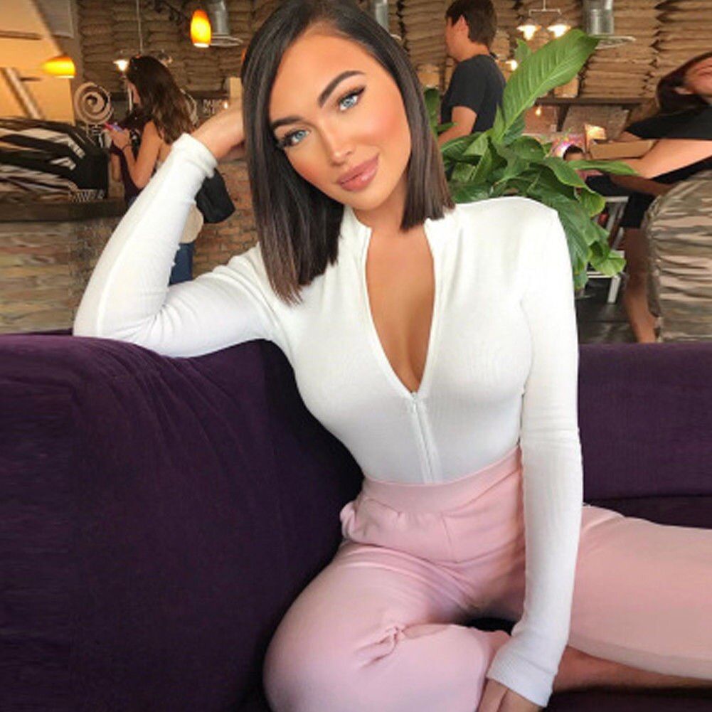 Women Ladies Clubwear Shorts Playsuit Bodycon Party Jumpsuit Sexy Zip Up Bodysuit Long Sleeve Leotard Clothes(#Black)