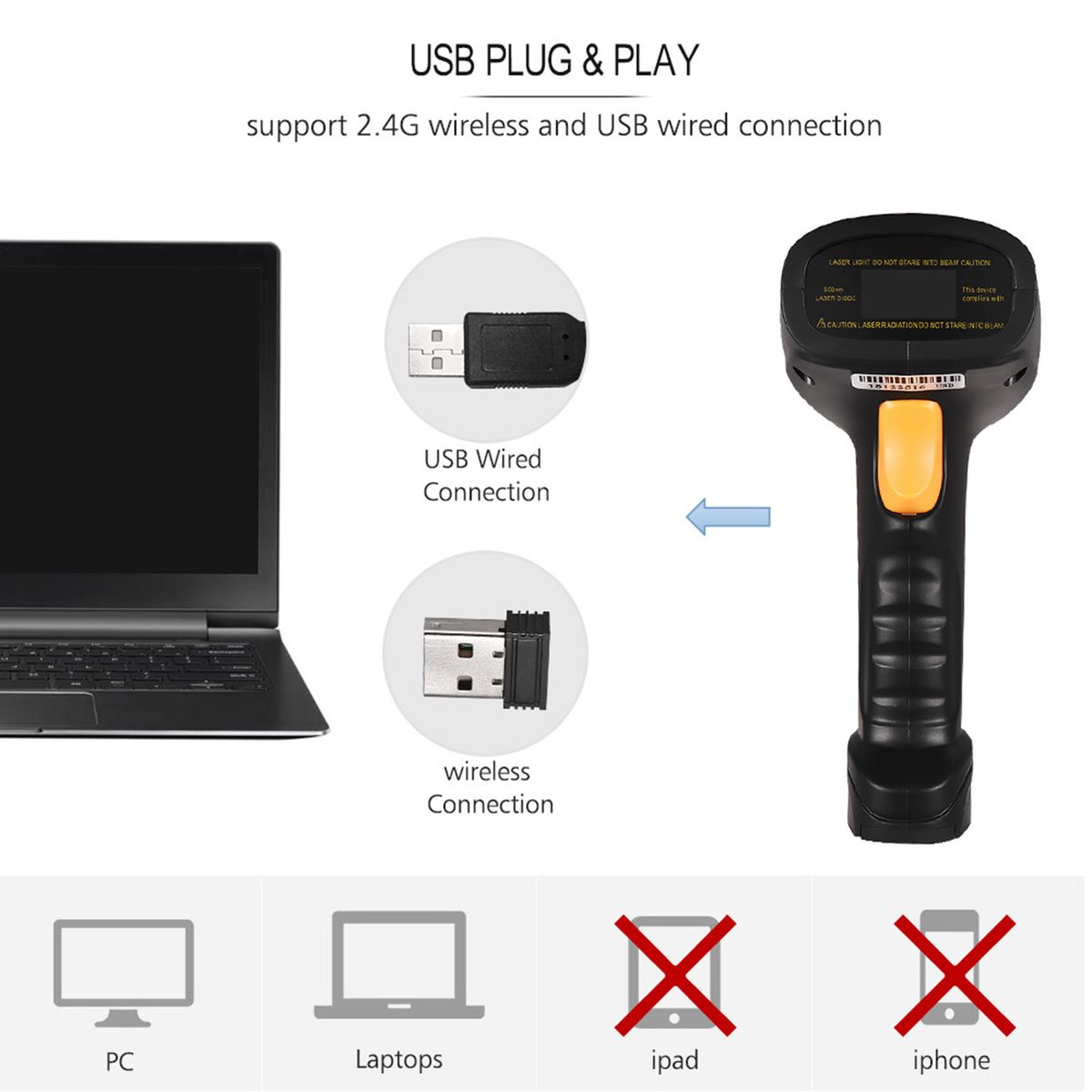2-in-1 2.4G Wireless Barcode Scanner & USB Wired Barcode