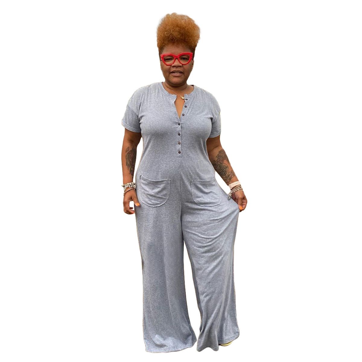 (grey)Summer Plus Size Chic V Neck On Jumpsuit Short Sleeve Loose Wide Leg Pants Set Office Ladies Casual Outfits Vestido 2022 5xl SAB