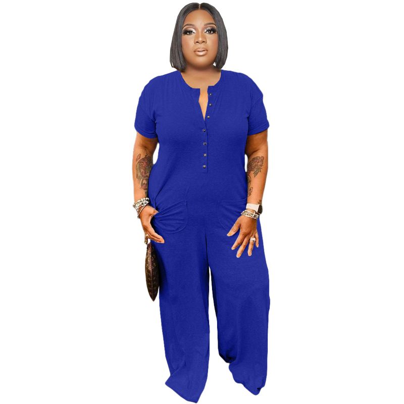 (grey)Summer Plus Size Chic V Neck On Jumpsuit Short Sleeve Loose Wide Leg Pants Set Office Ladies Casual Outfits Vestido 2022 5xl SAB