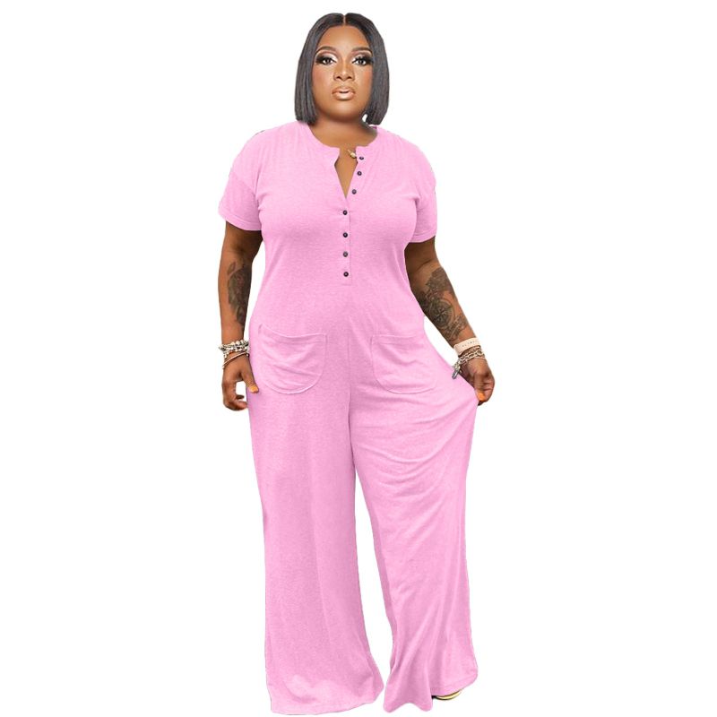(grey)Summer Plus Size Chic V Neck On Jumpsuit Short Sleeve Loose Wide Leg Pants Set Office Ladies Casual Outfits Vestido 2022 5xl SAB