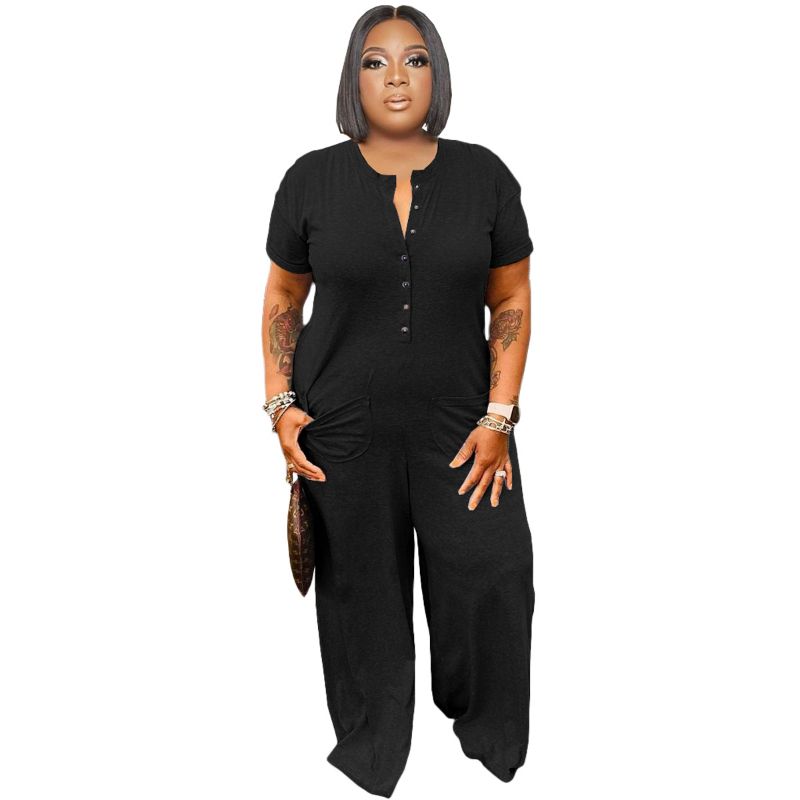 (grey)Summer Plus Size Chic V Neck On Jumpsuit Short Sleeve Loose Wide Leg Pants Set Office Ladies Casual Outfits Vestido 2022 5xl SAB