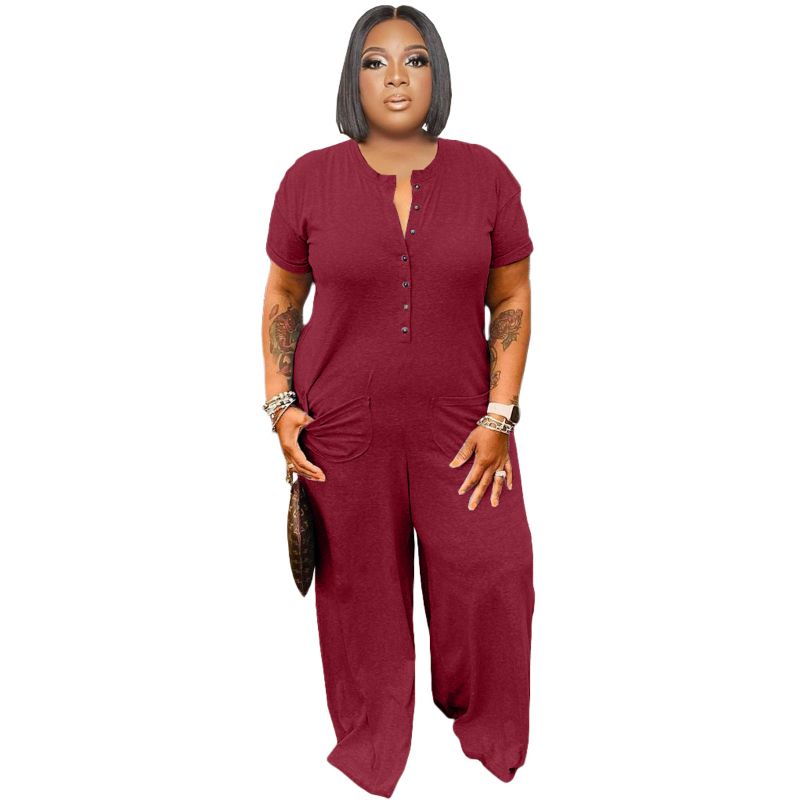 (grey)Summer Plus Size Chic V Neck On Jumpsuit Short Sleeve Loose Wide Leg Pants Set Office Ladies Casual Outfits Vestido 2022 5xl SAB