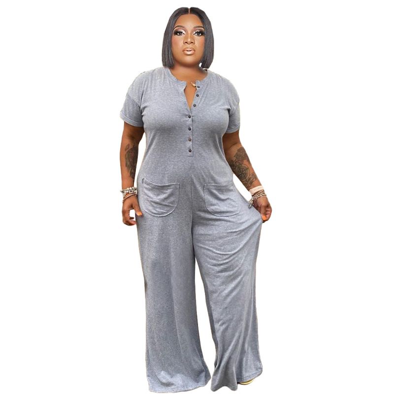 (grey)Summer Plus Size Chic V Neck On Jumpsuit Short Sleeve Loose Wide Leg Pants Set Office Ladies Casual Outfits Vestido 2022 5xl SAB