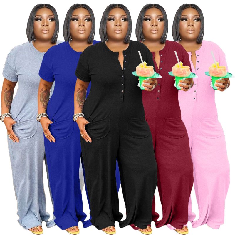 (grey)Summer Plus Size Chic V Neck On Jumpsuit Short Sleeve Loose Wide Leg Pants Set Office Ladies Casual Outfits Vestido 2022 5xl SAB