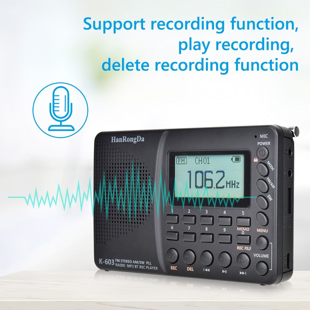 K603 FM/SW/AM Long Switch Life Easy Use Radio Multi Band Digital Radio MP3 Player Bluetooth-compatible Recorder Radiogram