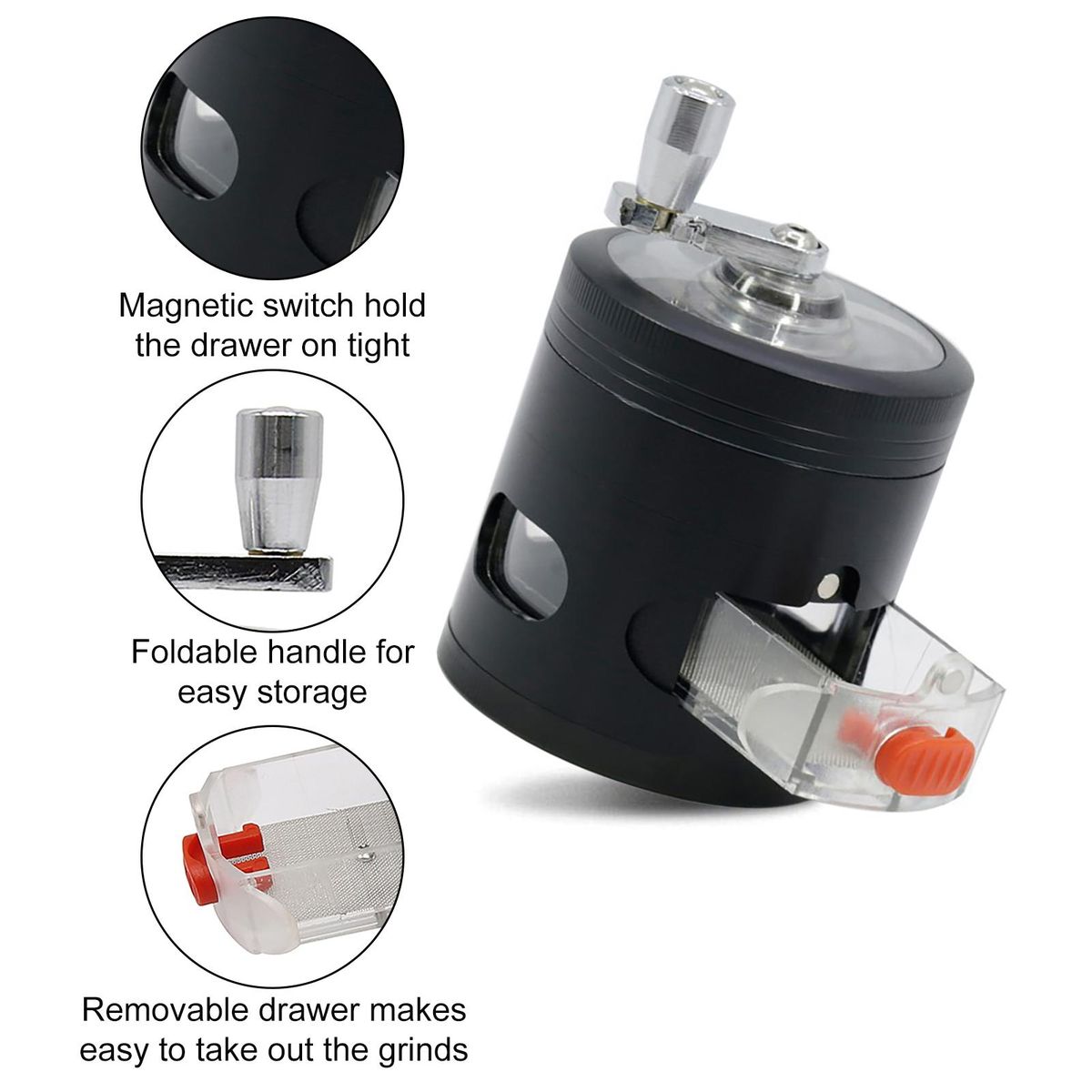 Swing Hand Grinder with Drawers 4-layer Herb Spice Grinder Durable Black