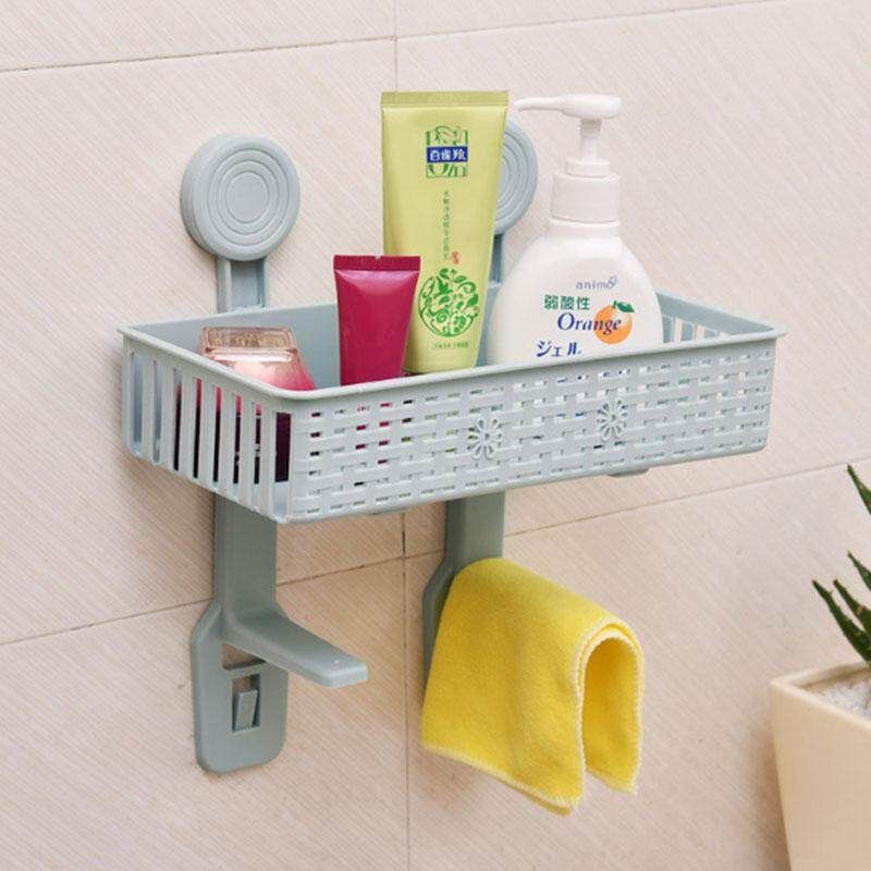 Bathroom Kitchen Suction Cup Storage Rack Organizer Free Punch Shelf Seamless Storage Box Grey Blue