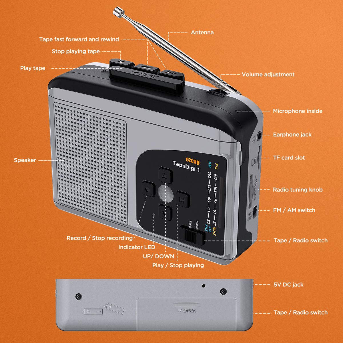 Ezcap234 Cassette Tape Player Portable AM FM Radio Cassette