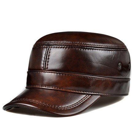 Winter Men Genuine Leather Ary Hat Ceiling Earmuffs Flat Hat Male Keep Warm Leisure 57-60 Cm Adjustable Cow Skin C-Red