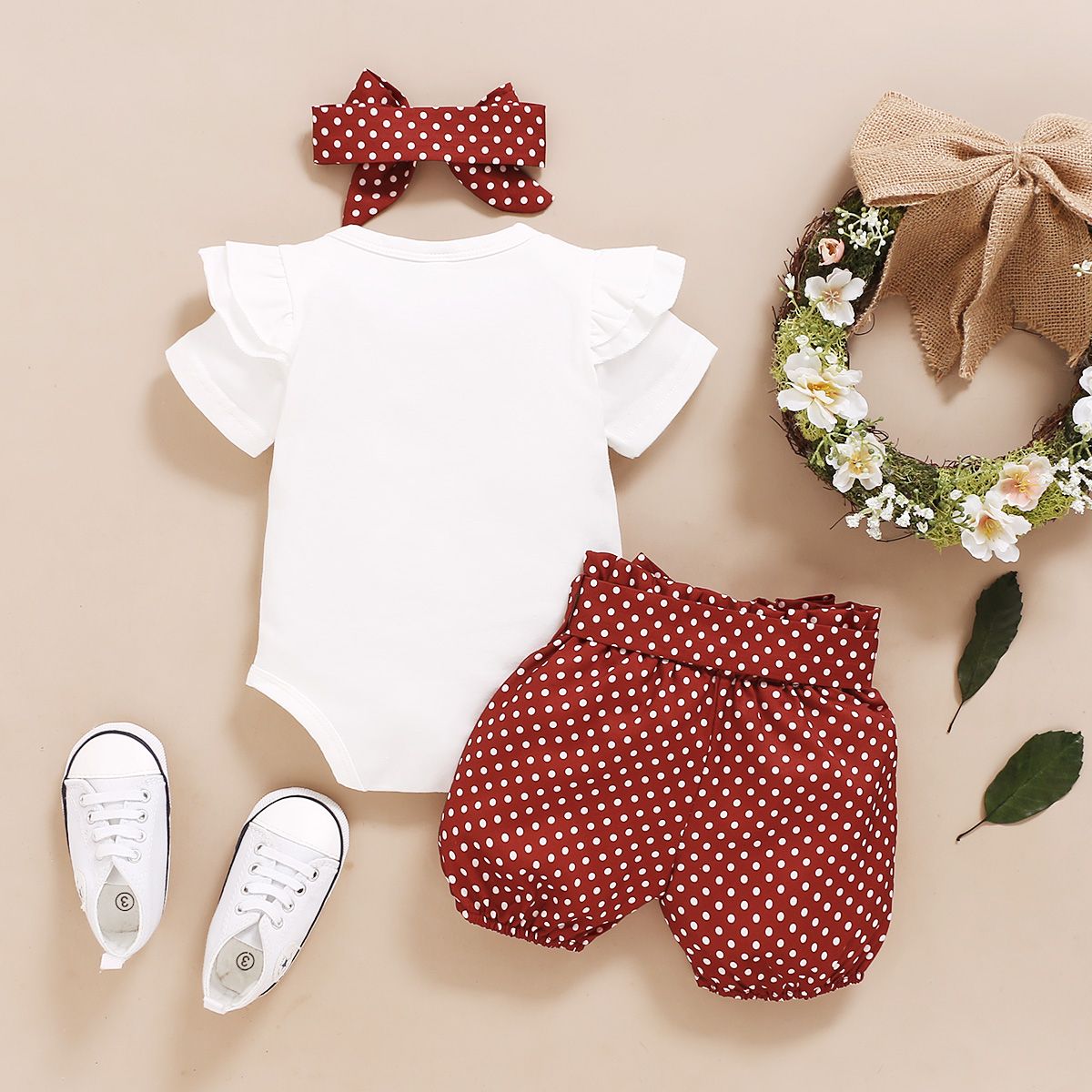 Newborn Baby Girls Outfit Letter Print Short Sleeve Bodysuit + Red Polka Dot Shorts + Headband