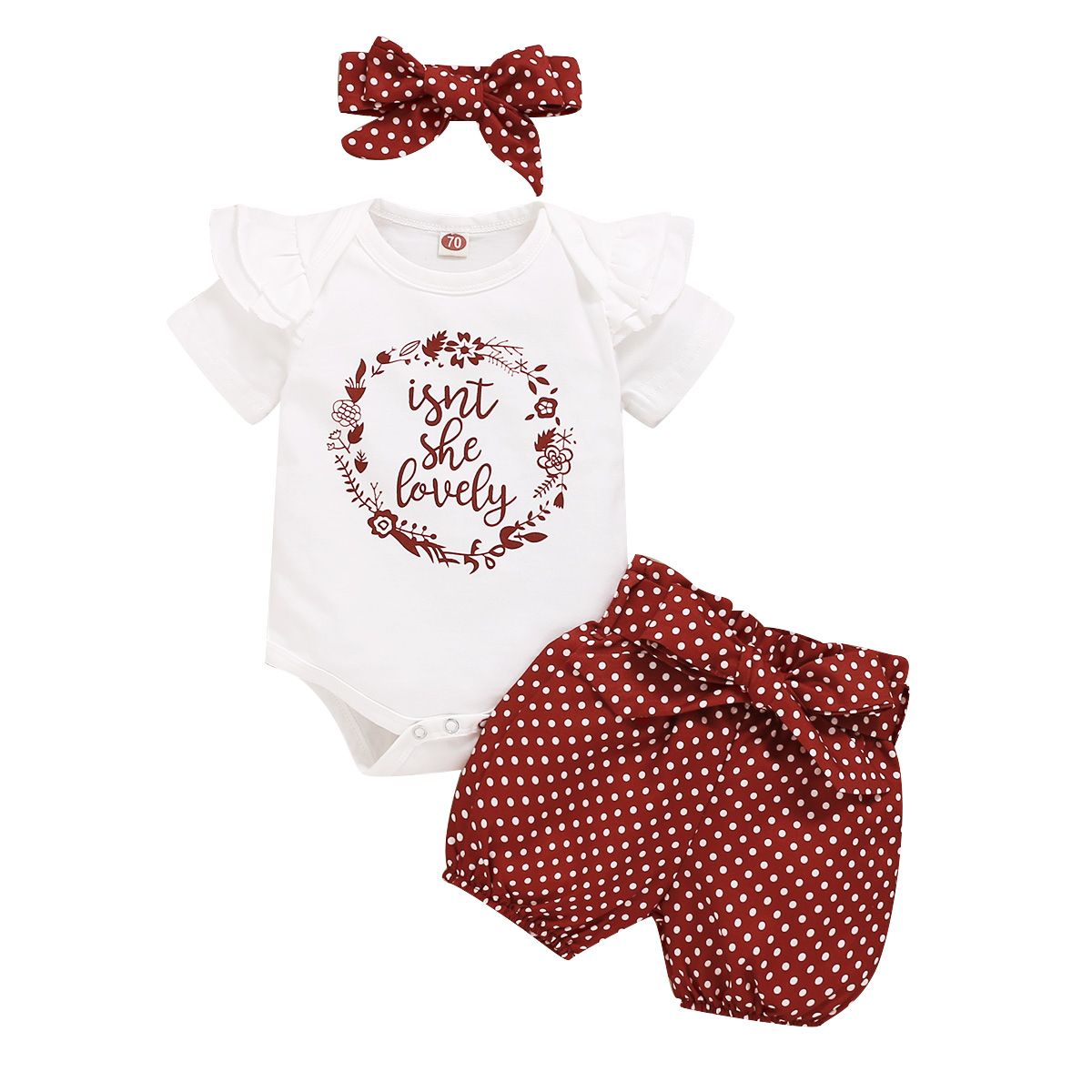 Newborn Baby Girls Outfit Letter Print Short Sleeve Bodysuit + Red Polka Dot Shorts + Headband