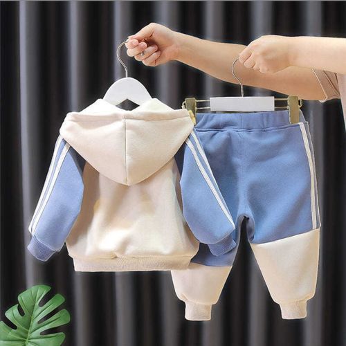 2pcs Boys' Padded And Thickened Hooded Sweatshirt Set