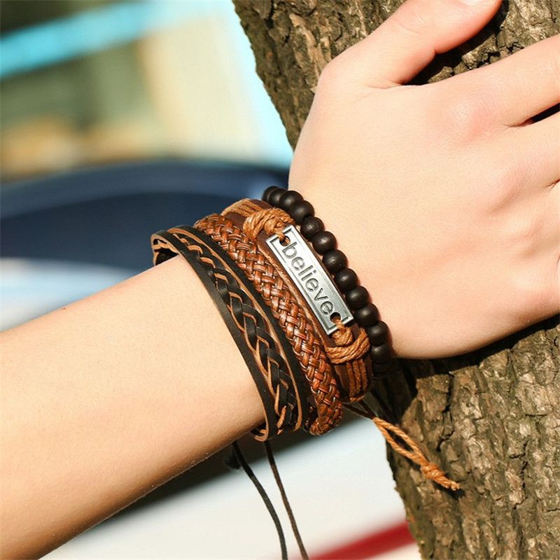 Men's Bracelet Leather Bracelet Set Bracelet Vintage Braided Leather Jewelry