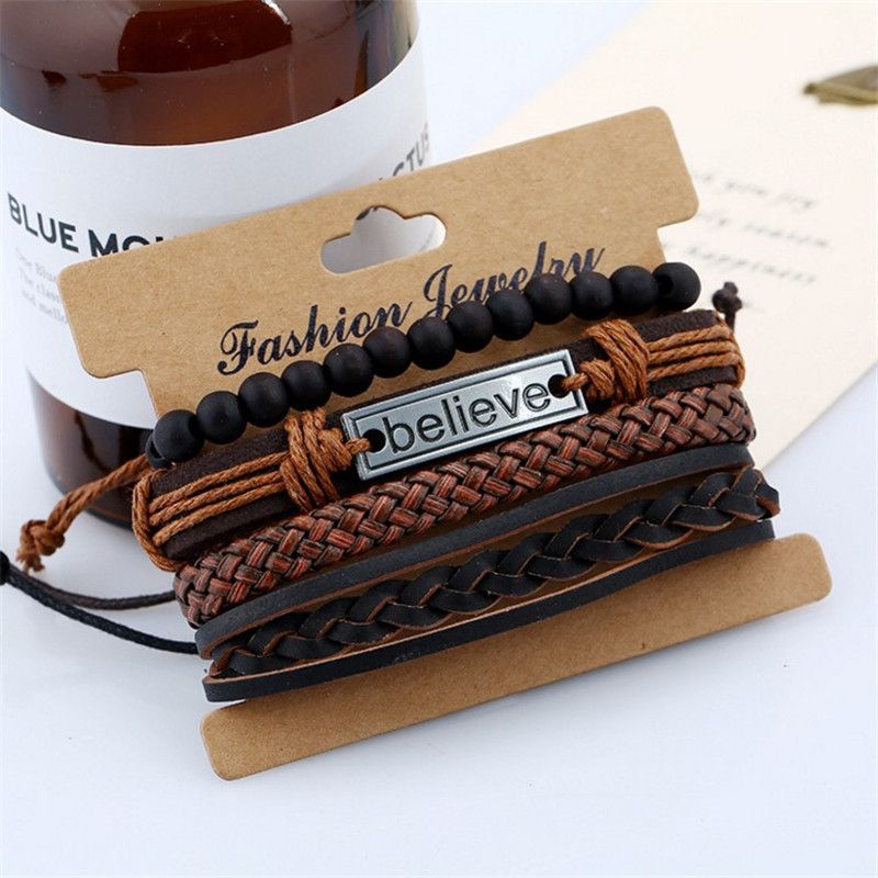 Men's Bracelet Leather Bracelet Set Bracelet Vintage Braided Leather Jewelry