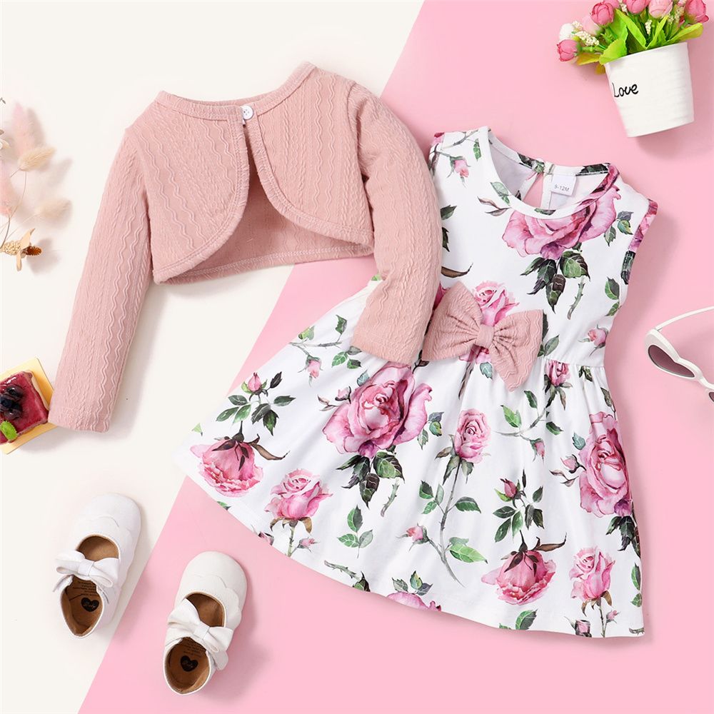 0-3Years Baby Girl Plain Color Ribbed Overcoat+Floral Dress