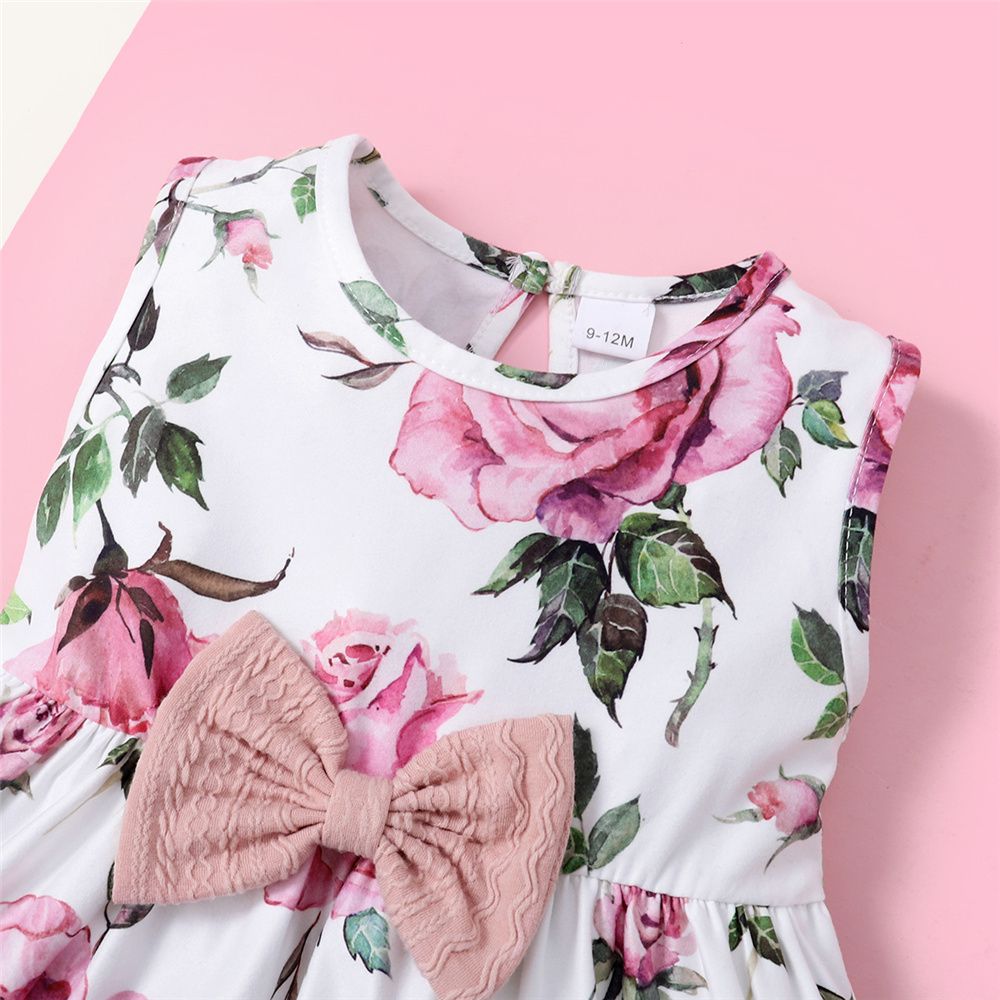 0-3Years Baby Girl Plain Color Ribbed Overcoat+Floral Dress