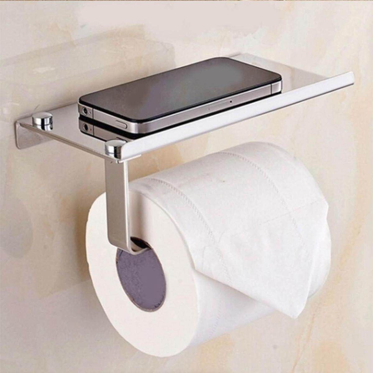 High Quality 201 Stainless Steel Bathroom Toilet Roll Paper Holder Wall Mount Stainless Steel Bathroom WC Paper Phone Holder With Storage Shelf Rack Two Hundred And One