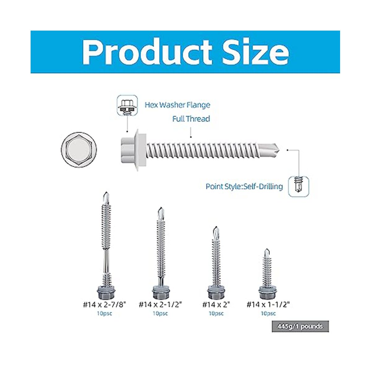 40PCS 14 x 1-1/2 Inch to 2-7/8 Inch Self Drilling Screws for Metal,Stainless Steel Sheet Screws,for Building and Repair