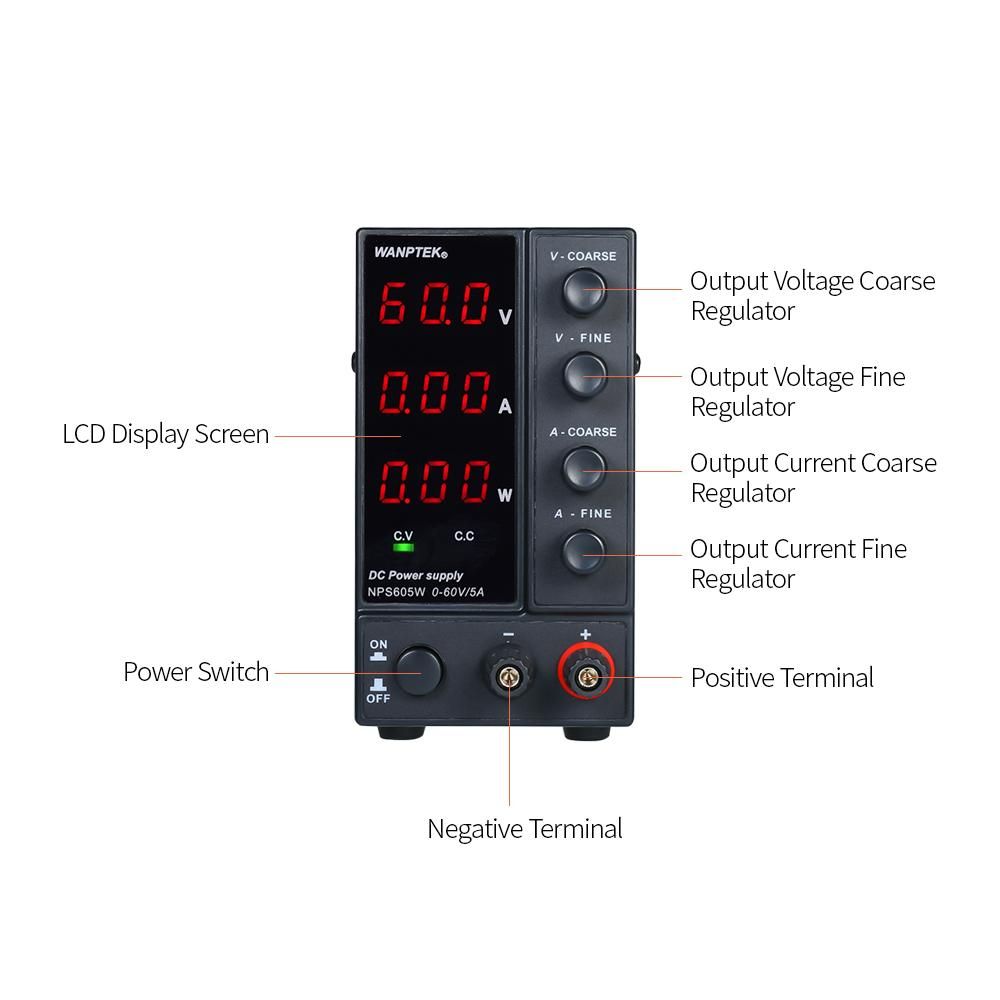 wanptek NPS605W 0-60V 0-5A Switching DC Power Supply 3 Digits Display LED High Precision Adjustable Mini Power Supply AC 115V/230V 50/60Hz Voltage & Current Regulated Dual Output