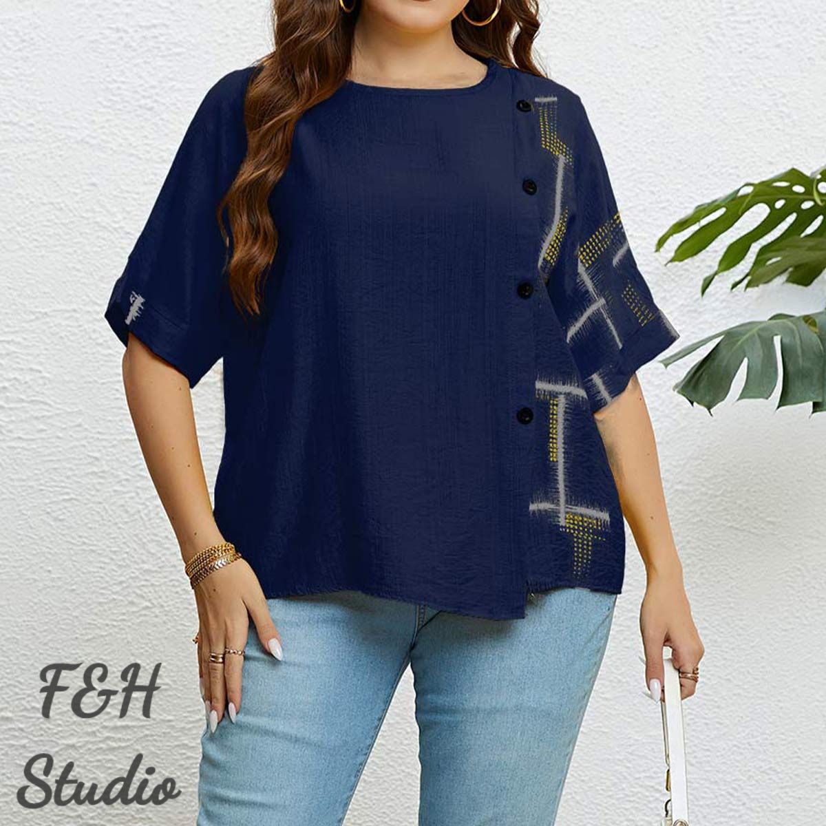 F&H 3327 XL-3XL Women Plus Size Button Up Loose Blouse Blue