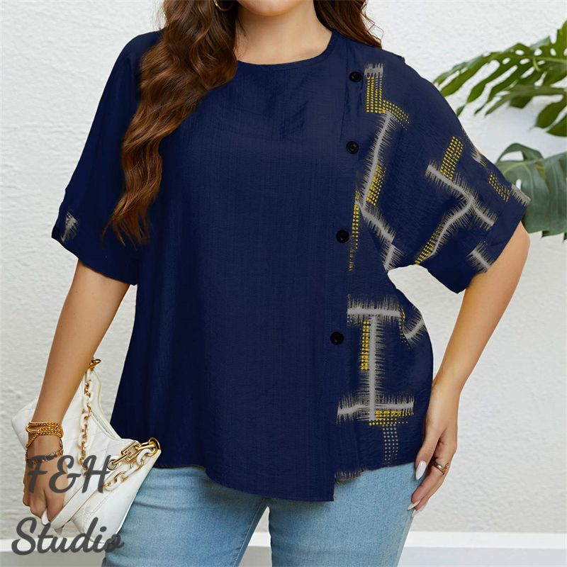 F&H 3327 XL-3XL Women Plus Size Button Up Loose Blouse Blue