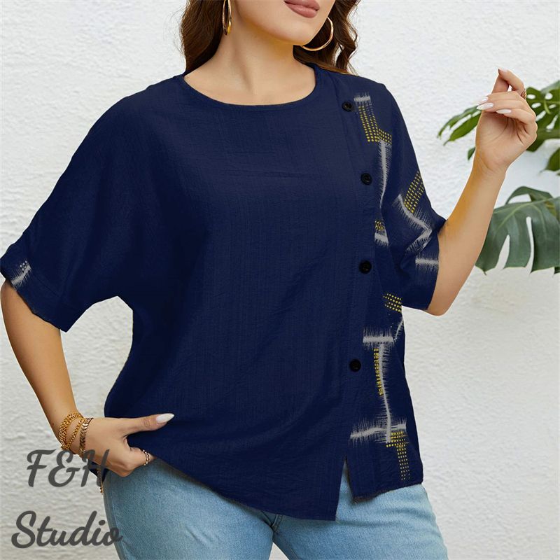 F&H 3327 XL-3XL Women Plus Size Button Up Loose Blouse Blue