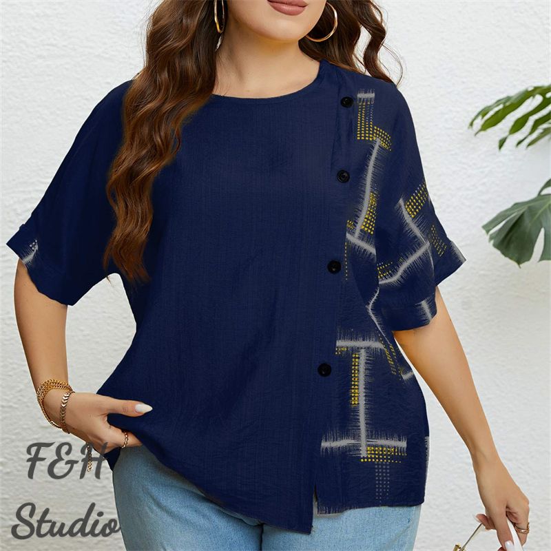 F&H 3327 XL-3XL Women Plus Size Button Up Loose Blouse Blue