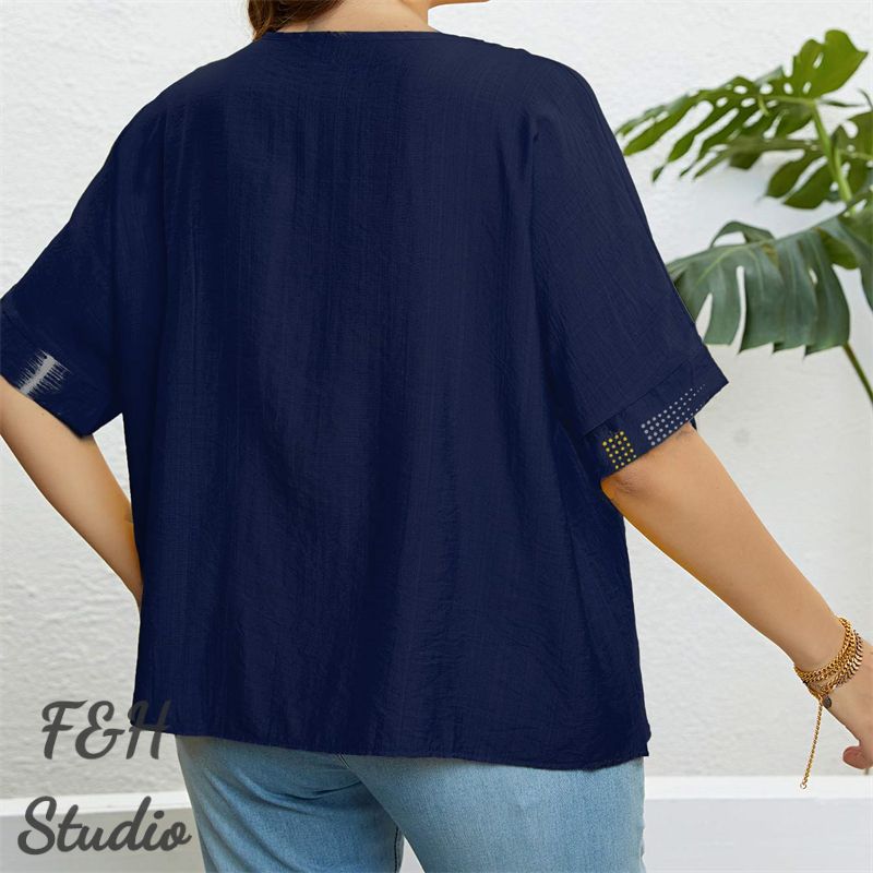 F&H 3327 XL-3XL Women Plus Size Button Up Loose Blouse Blue