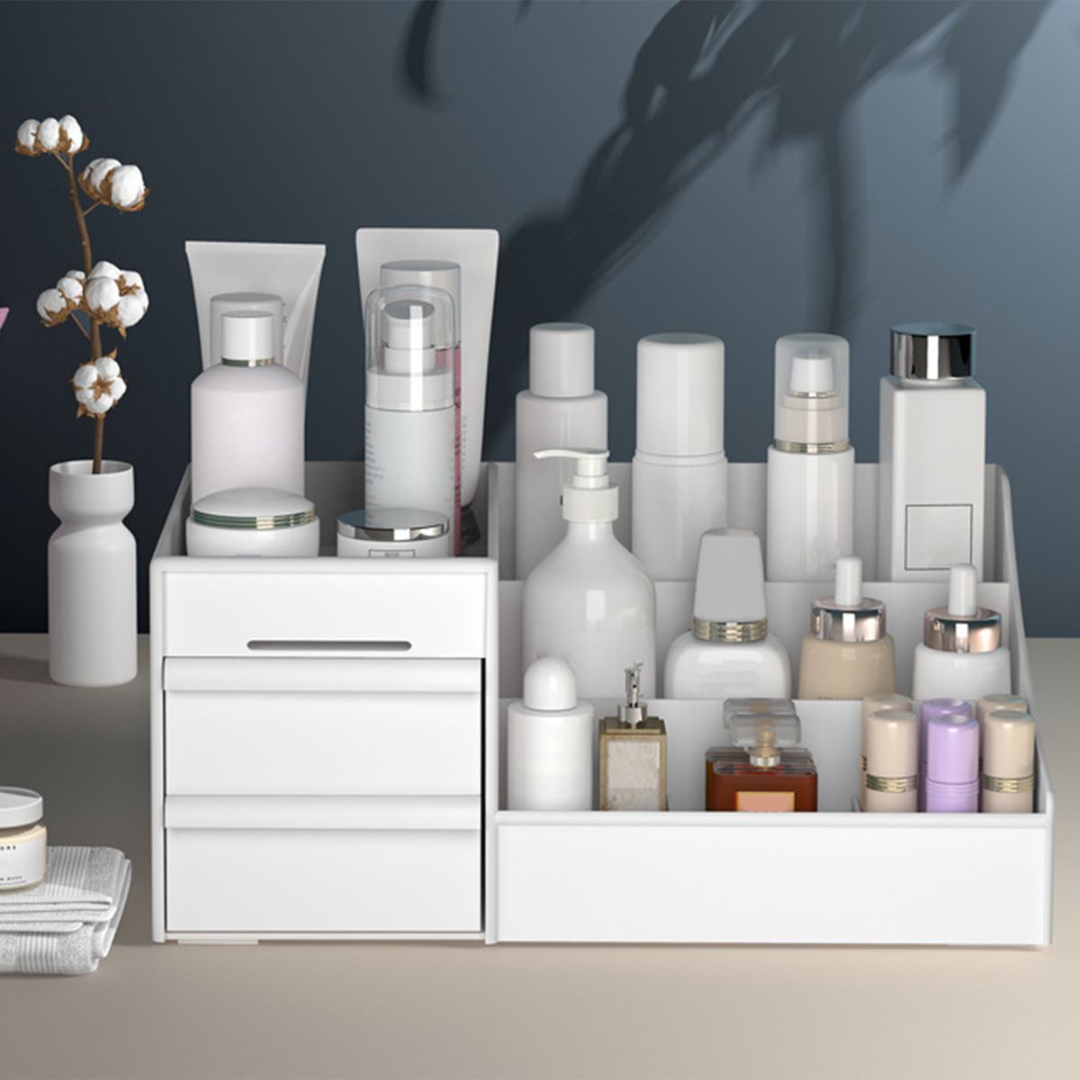 Waterproof Plastic Cosmetic Box With Drawers Desktop-White