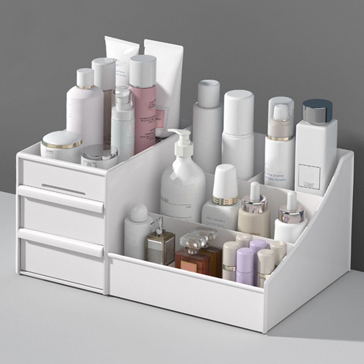 Waterproof Plastic Cosmetic Box With Drawers Desktop-White