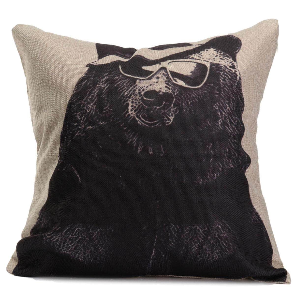 Linen Vintage Nordic Simplicity Animal Pillow Case Sofa Home Car Cushion Cover Black Bear With Hat And Sunglasses