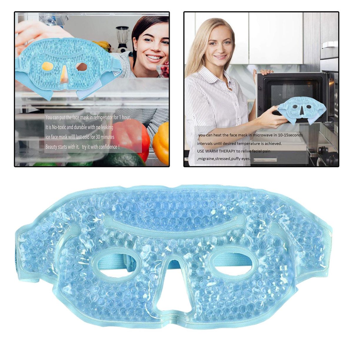 Ice Face / Eye Mask Reusable With Plush Backing For Allergies, Blue