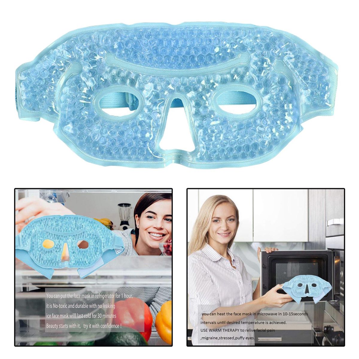 Ice Face / Eye Mask Reusable With Plush Backing For Allergies, Blue