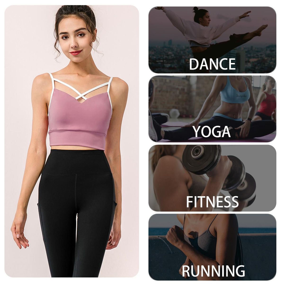 Women Sports Bra Spaghetti Criss-cross Straps Removable Padded U Back Athletic Workout Yoga Crop Tops